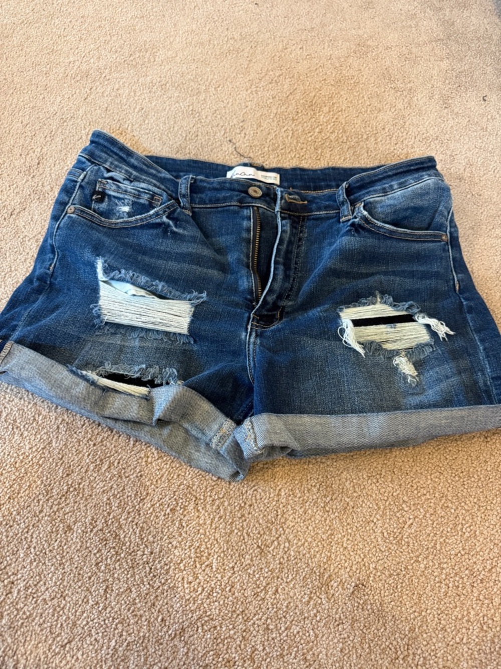 KanCan Dark Blue Distressed Roll-Cuff Jean Shorts